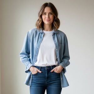 NEW FRAME Blue Denim Ruffle Blouse Top - Small